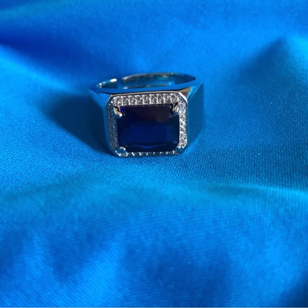Sterling Silver Men's Ring with Deep Blue Sapphire and Pavé Accents